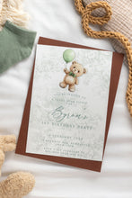 sage green toile design with teddy bear and balloon with a terracotta envelope in a scene with a plush hippo cropped