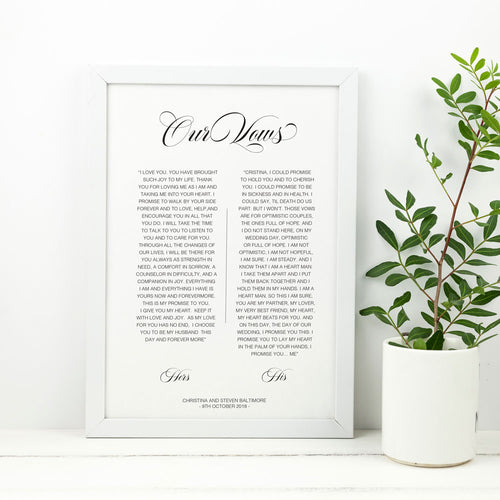 modern black and white 1st wedding anniversary vow print featuring a script font