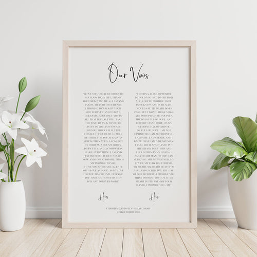 1st year wedding anniversary vow print in timber frame with plants