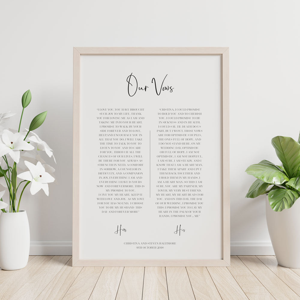 1st year wedding anniversary vow print in timber frame with plants