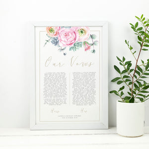 vow print for 1st wedding anniversary featuring peonie floral bouquet