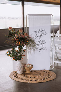 fabric cloth wedding sign - to love laughter and happily ever after