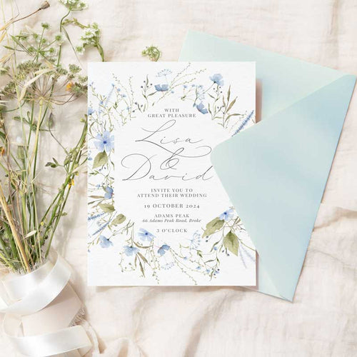 wild blooms wedding invitation blue euro envelope