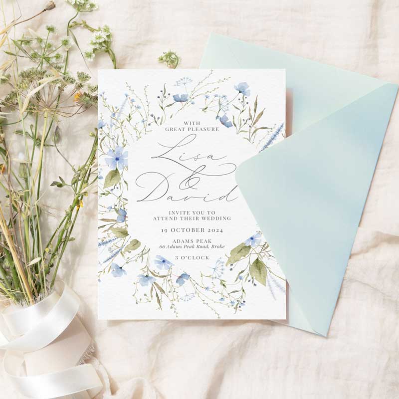wild blooms wedding invitation blue euro envelope