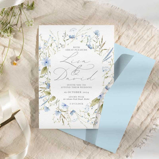 wild blooms wedding invitation blue iflap envelope