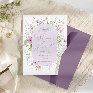 wild blooms pink wedding invitation mauve iflap envelope