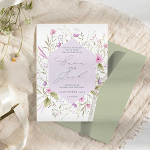 wild blooms pink wedding invitation green iflap envelope