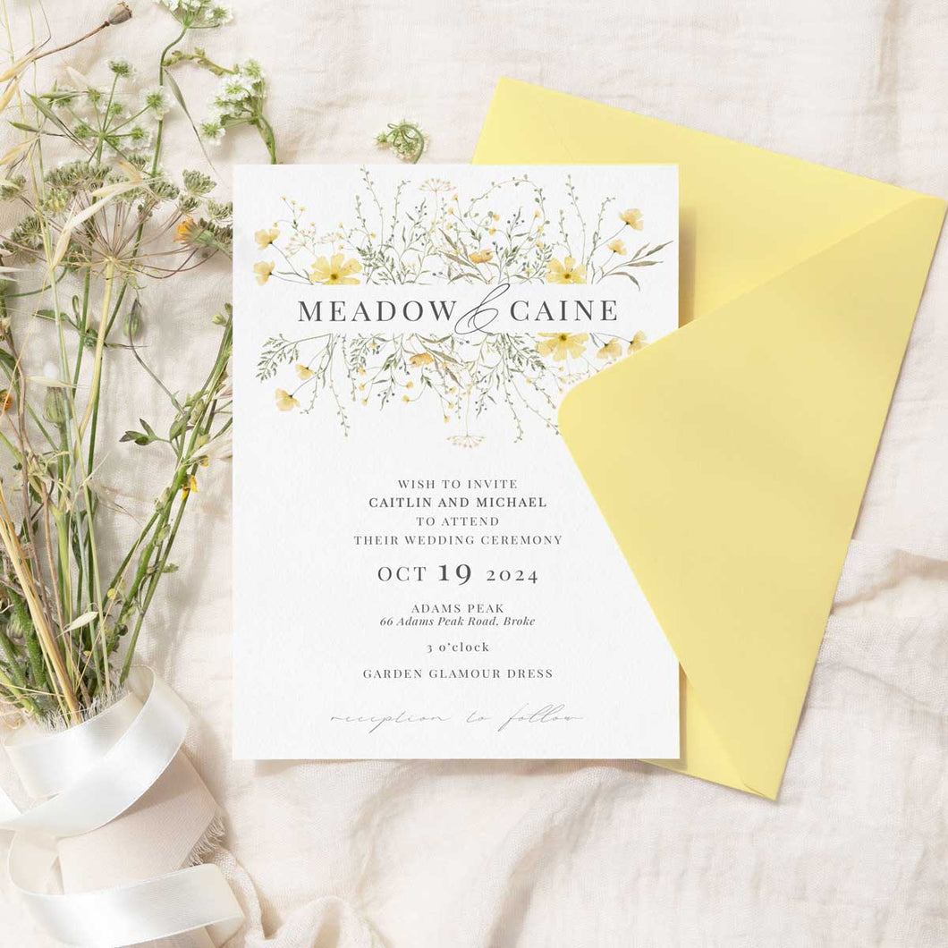 wild blooms yellow wedding invitation yellow envelope
