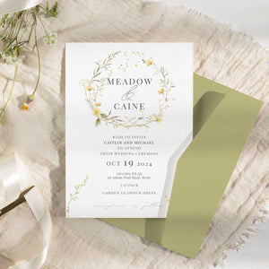 wild blooms yellow wedding invitation green envelope