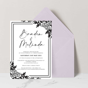 border roses wedding invitation lilac envelope