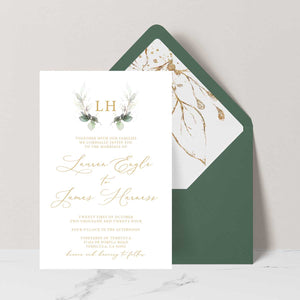 botanical leaf wedding invitation with green envelope and liner