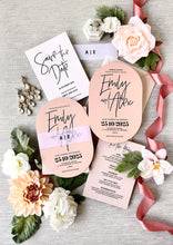 modern wedding invitation suite printed on blush pink card die-cut to double arch shape save the date card