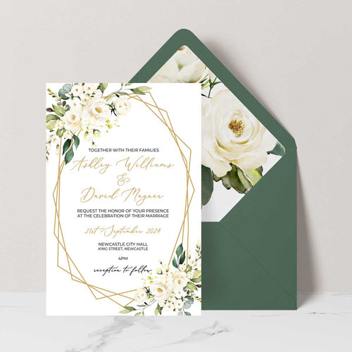 geometric white bouquet wedding invitation with envelope