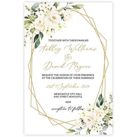 geometric white bouquet wedding invitation
