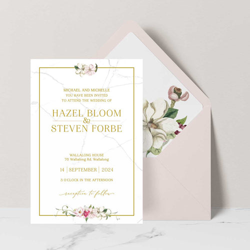 Beautiful watercolour floral designed wedding invitation with white and pink flowers with gold border nude envelope
