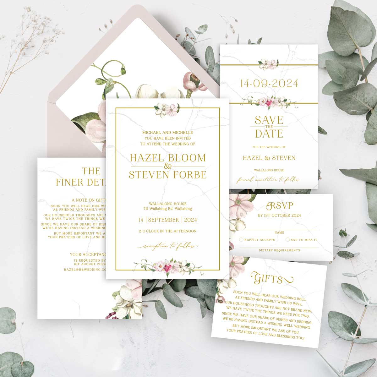 Beautiful watercolour floral designed wedding invitation with white and pink flowers with gold border suite
