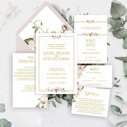 Beautiful watercolour floral designed wedding invitation with white and pink flowers with gold border suite