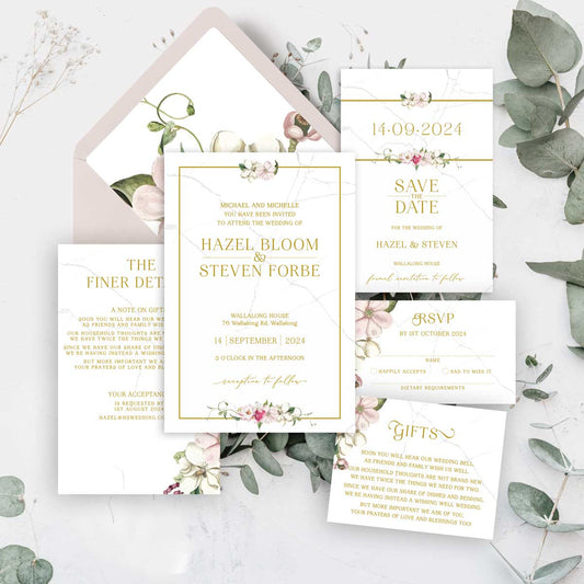 Beautiful watercolour floral designed wedding invitation with white and pink flowers with gold border suite