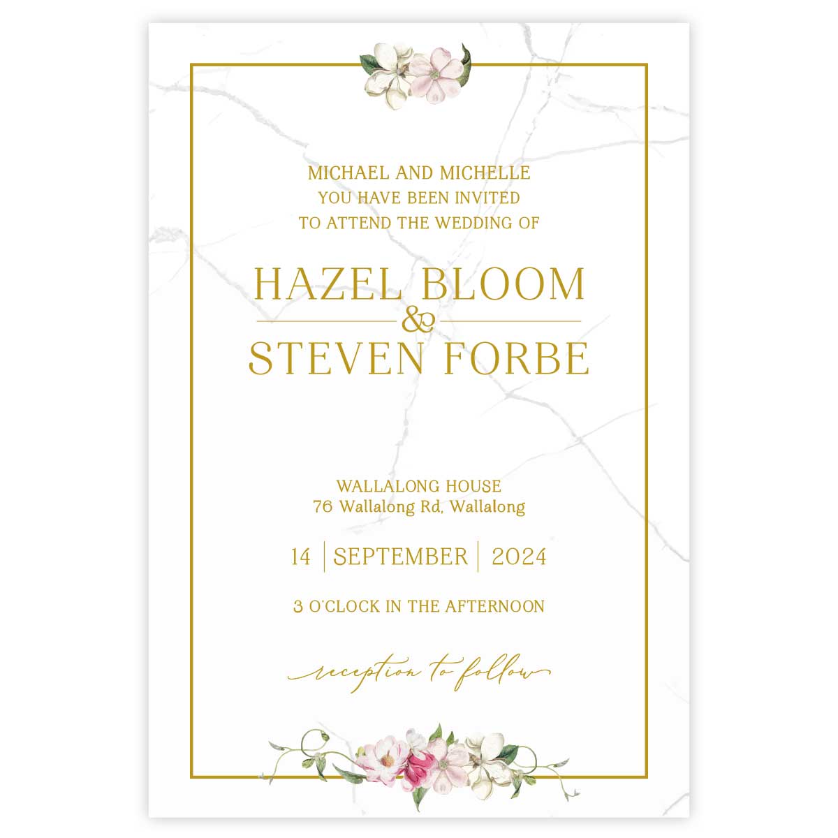 Beautiful watercolour floral designed wedding invitation with white and pink flowers with gold border