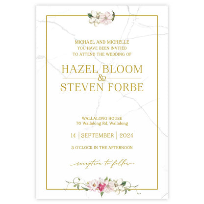Beautiful watercolour floral designed wedding invitation with white and pink flowers with gold border