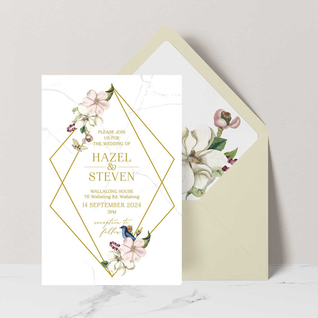 Beautiful watercolour floral designed wedding invitation with white and pink flowers in a geometric gold border. envelope