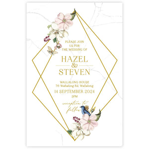 Beautiful watercolour floral designed wedding invitation with white and pink flowers in a geometric gold border.