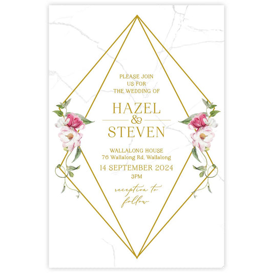 Beautiful watercolour floral designed wedding invitation with white and pink flowers in a geometric gold border.