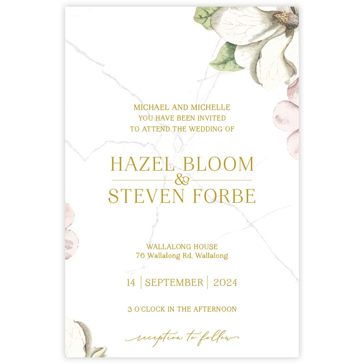 Beautiful watercolour floral designed wedding invitation with white and pink flowers
