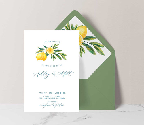 Lemon twist wedding invitation with green envelope and lemon liner
