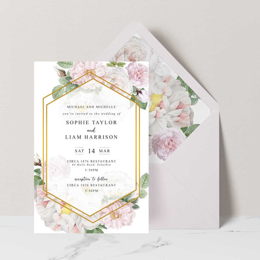 floral wedding invitation with white roses and pink peony flowers with matching envelope liner and blush pink envelope