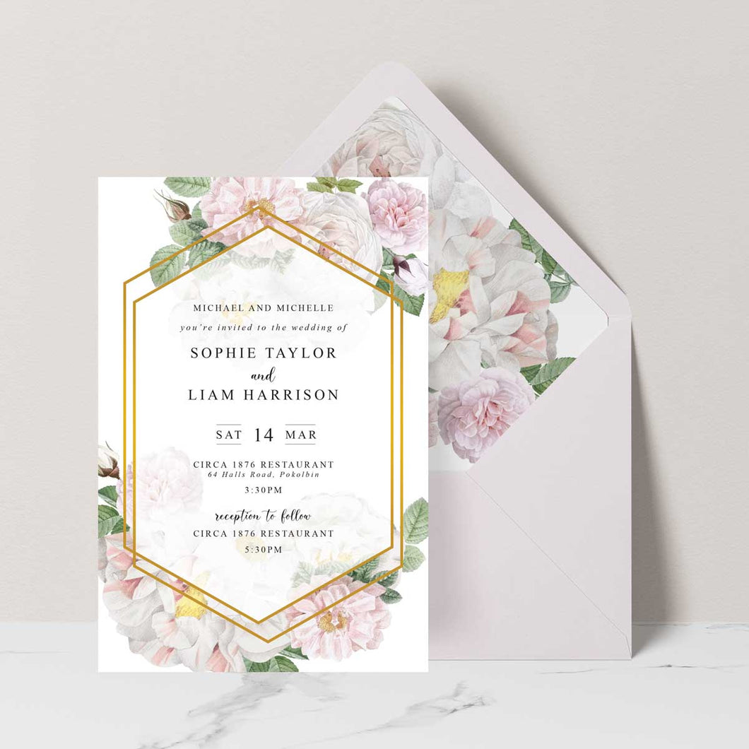 floral wedding invitation with white roses and pink flowers
