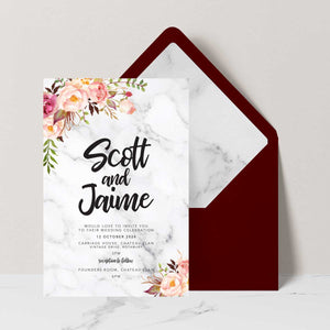 watercolour peonie wedding invitation with burgundy enevlope