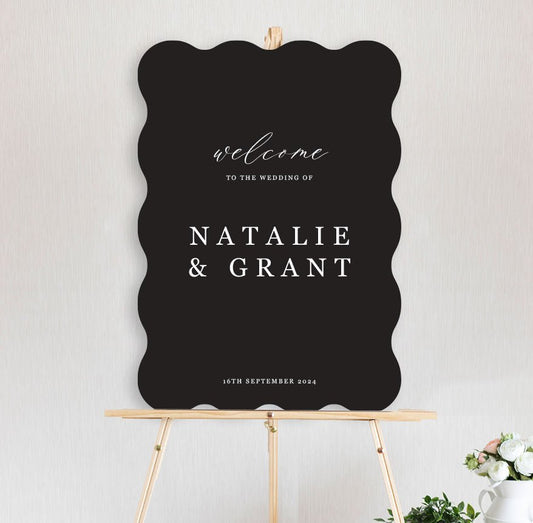 classic modern welcome sign for wedding, engagement, birthday - black and white wave shape