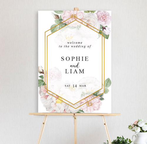 welcome sign pink and white roses and peonie flowers