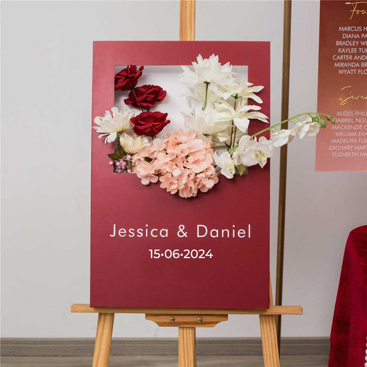 A 3D welcome sign box with a window display for DIY florals, featuring a acrylic names in a modern, classic font for engagement, wedding, birthday