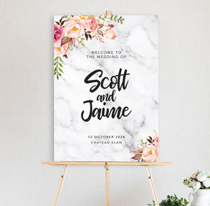 wedding engagement welcome sign with peonie flowers