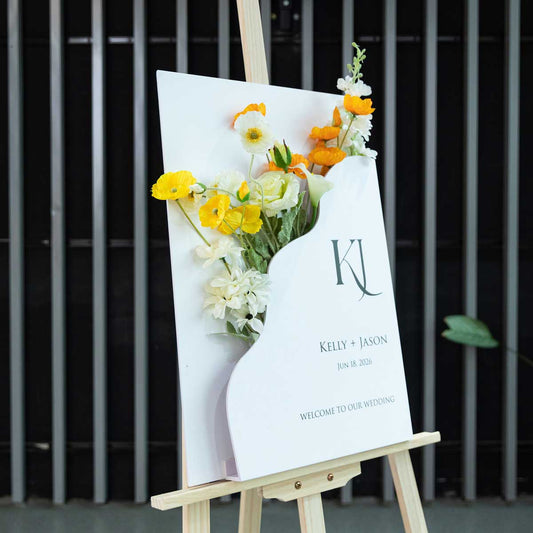 A 3D welcome sign box with a wave design for DIY florals, featuring a modern, classic font for engagement, wedding, birthday