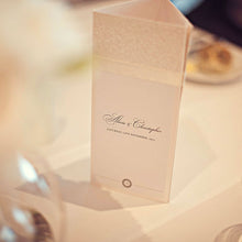 tri-fold table card with pebble paper & ivory ribbon