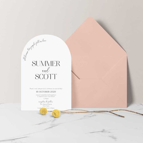 arch shape wedding invitation white blush pink
