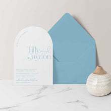 arch diecut shape wedding invitation white and blue envelope