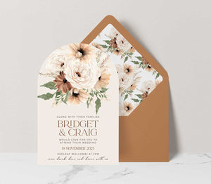 bohemian floral orchid die-cut arch wedding invitation