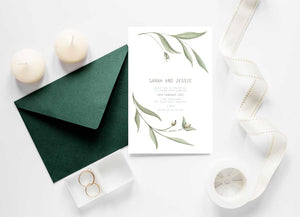 botanical leaves wedding invitation green envelope