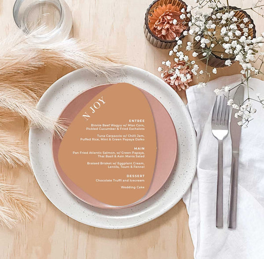 diecut pebble shape menu card terracotta