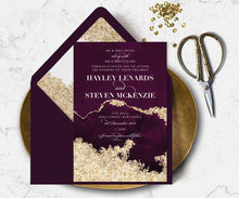 agate burgundy and gold wedding invitation