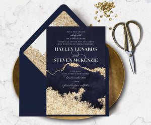 agate navy and gold wedding invitation