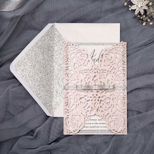 Blush pink Laser-cut wedding invitation Rose Gates silver glitter envelope liner