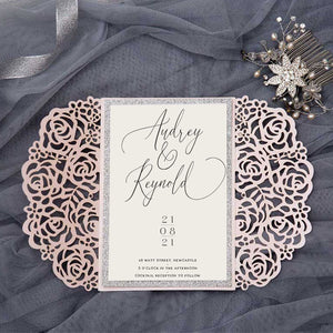 Blush pink Laser-cut wedding invitation Rose Gates open