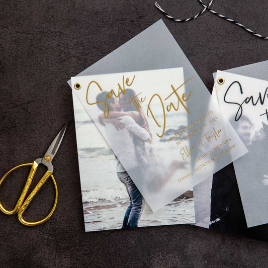 save the date card vellum gold foil