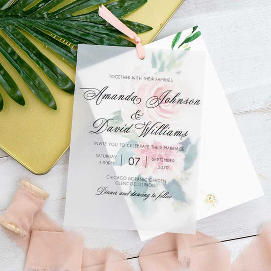 pink roses vellum invitation open