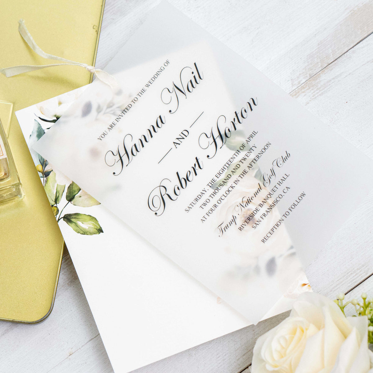white rose layered vellum invitation